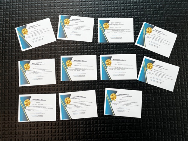 BODY CERT Level 1 achiever certificates